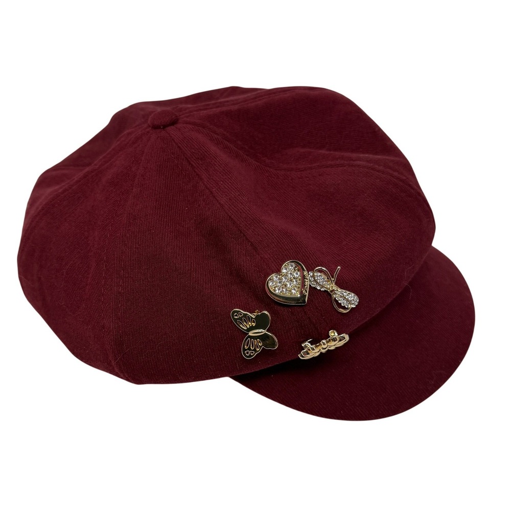 No Boundaries Newsboy Cap Womens OS Burgundy NEW Embellished Pins Ribbed Knit